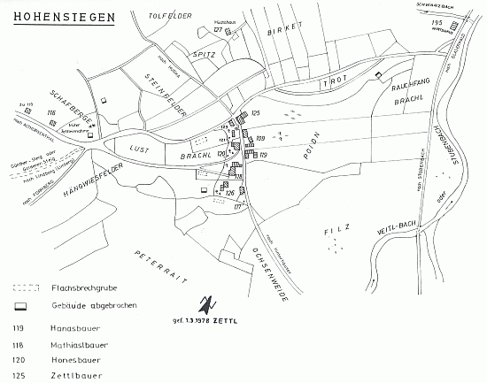 Mapka osady Vysoké Lávky s jeho signaturou a datem vyhotovení