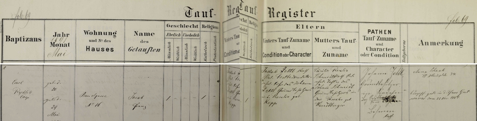 Záznam o jeho narození v křestní matrice vídeňské farnosti Landstraße