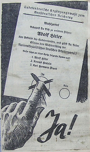 Tak vyhlížela nacistická propaganda k "sudetoněmeckým doplňovacím volbám do Velkoněmeckého říšského sněmu", konaným v prosinci 1938 v "připojených" územích