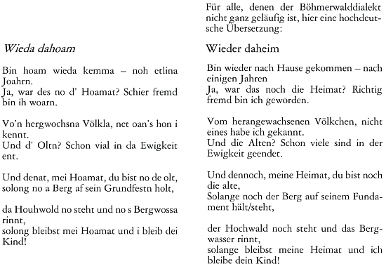 Tady Edmund Koch na stránkách krajanského časopisu těm, jimž už "šumavské nářečí není docela běžné", uvádí ve spisovné němčině úplné znění Zettlovy básně "Po čase doma", jak je nazván v Kohoutím kříži český překlad