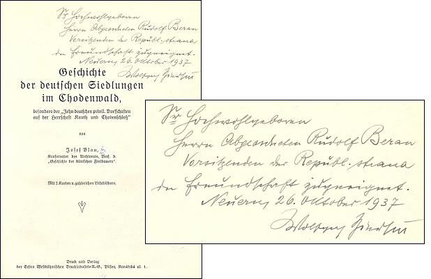 Vazba, frontispis a titulní list (1937) Blauovy knihy s podobiznou poslance Zierhuta a s jeho věnováním Rudolfu Beranovi; knihu vydal Ersten Westböhmischen Druckindustrie v Plzni