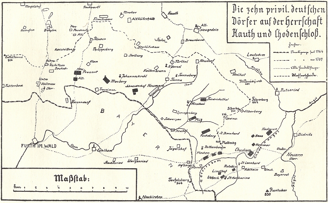 Mapa Chodska a deseti privilegovaných německých vsí na panství Kout na Šumavě a Trhanov z Blauovy knihy