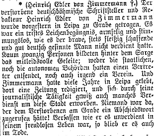 Nekrolog v pražských německých novinách a zpráva potvrzující místo posledního odpočinku na hřbitově v České Lípě