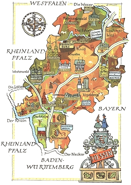 Marburg, kde zemřel a je pochován, na kreslené mapce spolkové země Hesensko