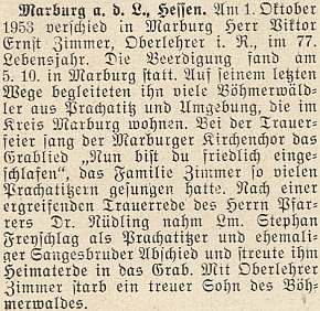 Zpráva o úmrtí sedmasedmdesátiletého Viktora Ernsta Zimmera 1. října 1953 v hesenském Marburgu