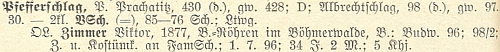 Záznam o Viktoru Zimmerovi v seznamu učitelstva německých škol v Čechách (1928) z doby, kdy řediteloval v Libínském Sedle