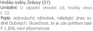 Popis hrobky rodiny Zinkových v knize Daniela Kováře věnované českobudějovickým hřbitovům