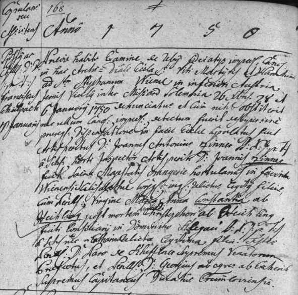 Záznam o jeho svatbě 6. ledna 1750 v českokrumlovské oddací matrice