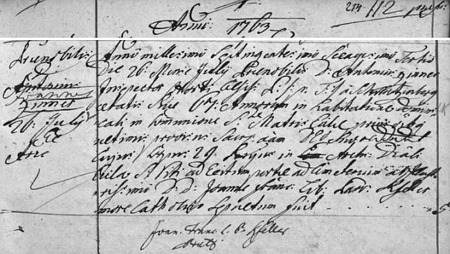 Záznam o úmrtí 26. července roku 1763 v českokrumlovské úmrtní matrice