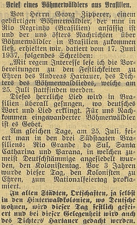 Dopis jeho bratra Georga českobudějovickému německému listu u příležitosti odhalení památníku šumavské hymny a jejího autora Andrease Hartauera v Lenoře 25. července roku 1937
