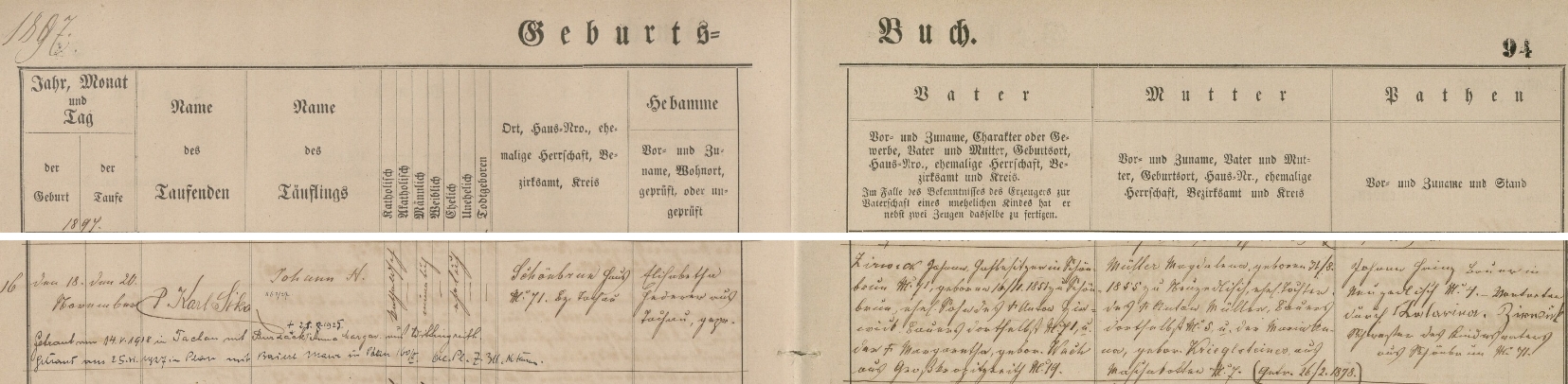 Záznam o jeho narození a křtu v tachovské matrice s přípisy o dvou svatbách