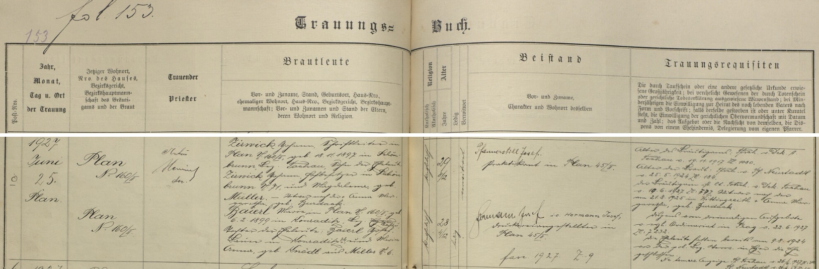 Záznam plánské oddací matriky o jeho druhé svatbě napravo i s datem úmrtí prvé manželky 21. srpna roku 1925 Anny Margarethy, roz. Burdackové, ve Vítkově /Wittingreith)