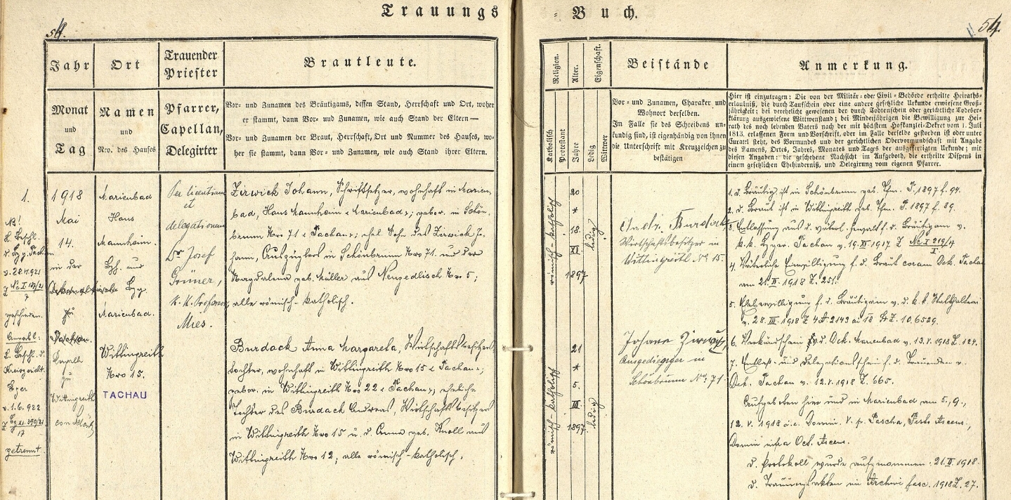 Záznam tachovské oddací matriky pro Vítkov o jeho první svatbě