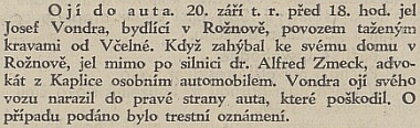 Zpráva v černé kronice o dopravní nehodě v Rožnově, v té byl nevinně