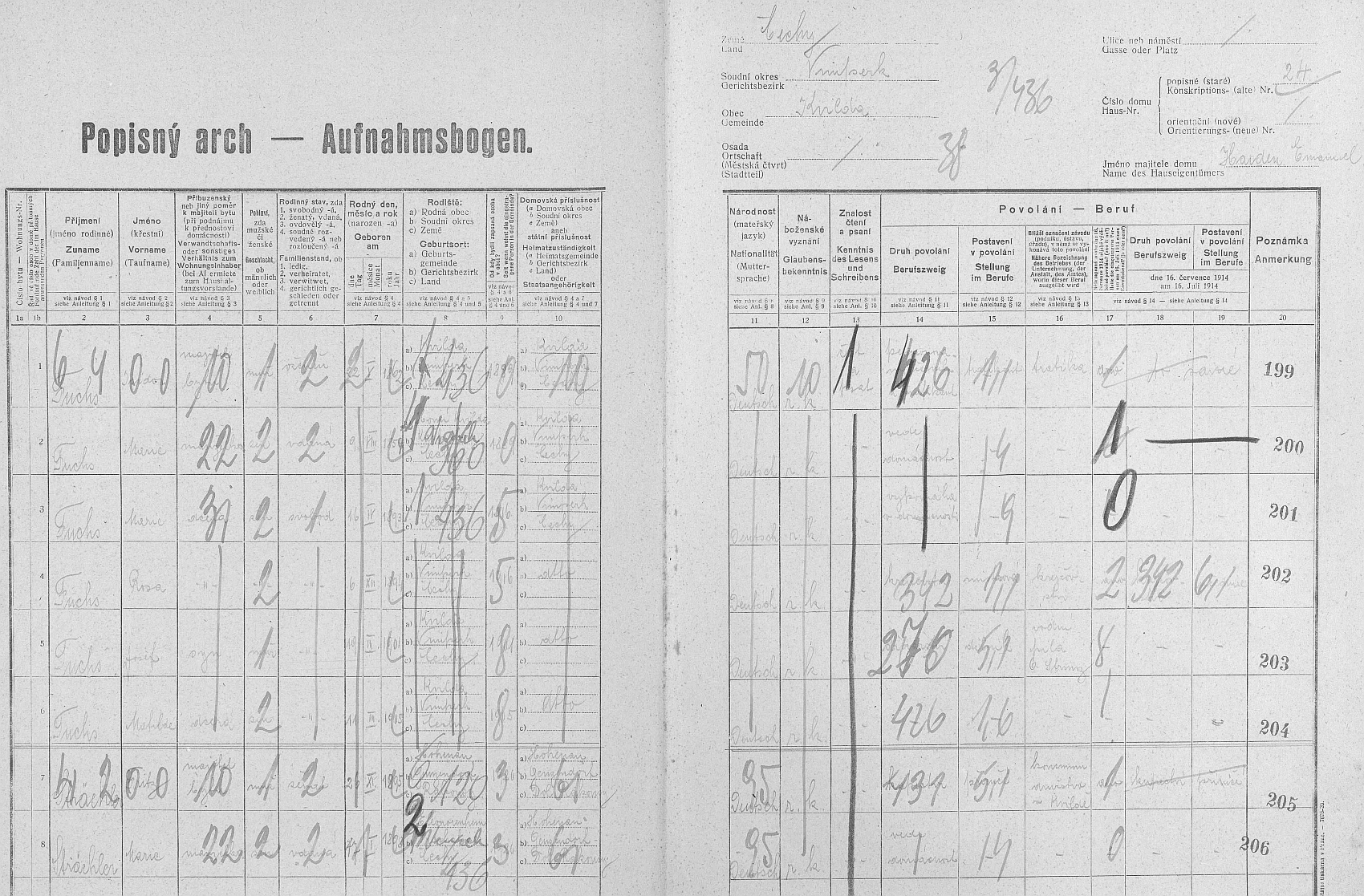 Arch sčítání lidu z roku 1921 pro dům čp. 24 v Kvildě i s jejím otcem Josefem