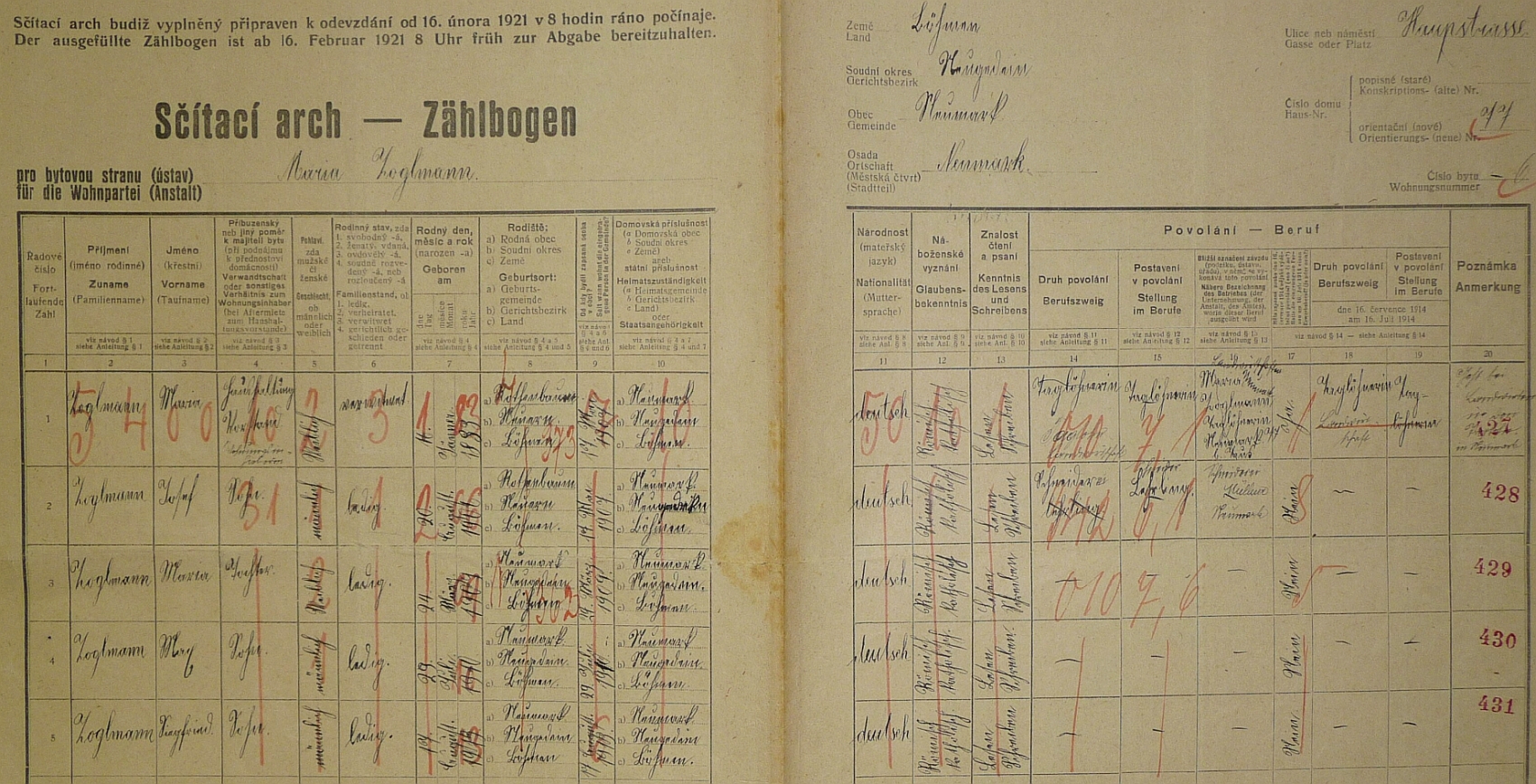 Arch sčítání lidu z roku 1921 pro stavení čp. 77 ve Všerubech i s ním