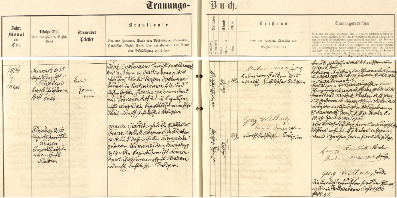 Záznam oddací matriky zaniklé dnes farní obce Červené Dřevo o svatbě jeho rodičů dne 7. května roku 1906 (oddával je kaplan Anton Kordík s příjmením psaným v matrice s čárkou nad "i")