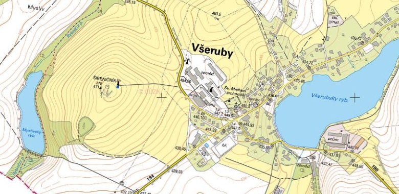 Dnešní okolí Všerub na katastrální mapě z roku 2012