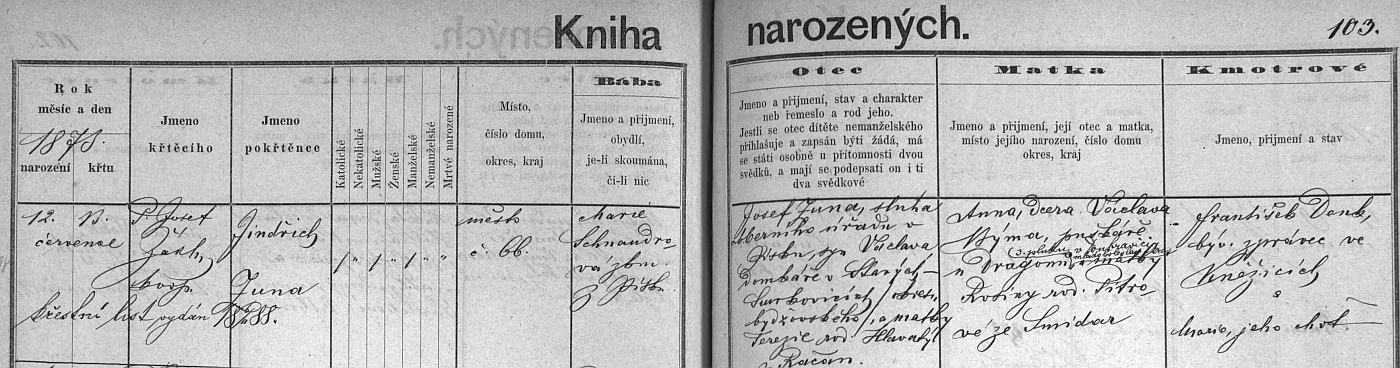 Záznam o jeho narození v písecké matrice