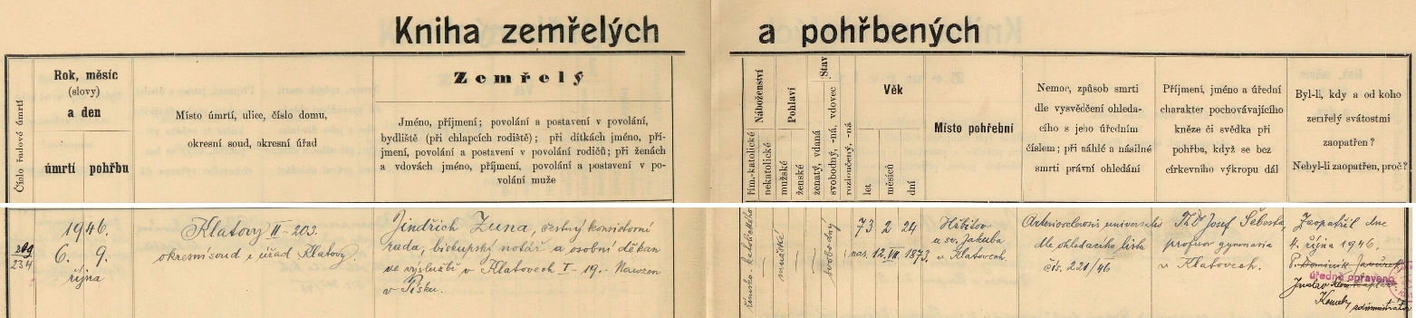 Záznam o úmrtí v klatovské knize zemřelých